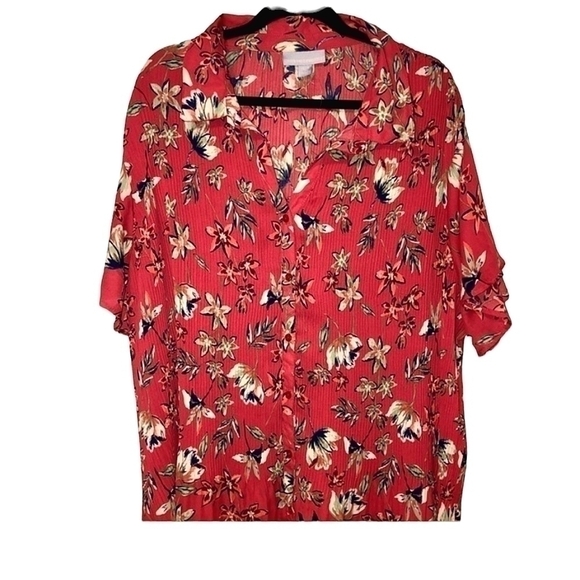 Only Necessities size 30/32 short sleeve ribbed floral button down shirt - Picture 1 of 13